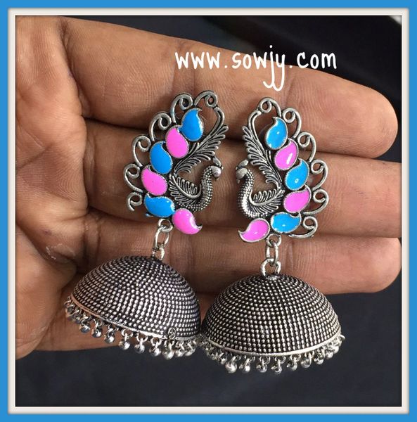 Lengthy peacock Stud Large Sized Oxidised Jhumkas in Blue and Pink!!!!