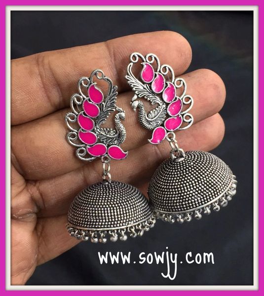 Lengthy peacock Stud Large Sized Oxidised Jhumkas in Pink!!!!