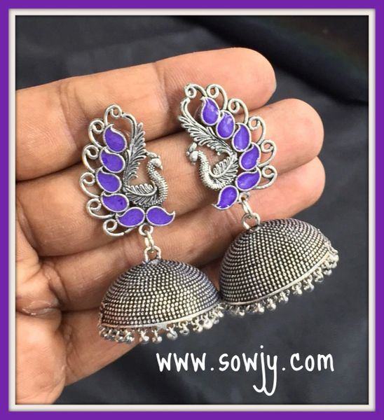 Lengthy peacock Stud Large Sized Oxidised Jhumkas in Purple!!!!