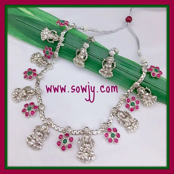 Antique Silver Plated Simple Lakshmi Necklace in Ruby Stones with Lakshmi Studs!!!!