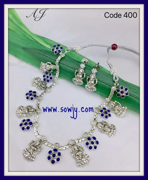 Antique Silver Plated Simple Lakshmi Necklace in Blue Stones with Lakshmi Studs!!!!