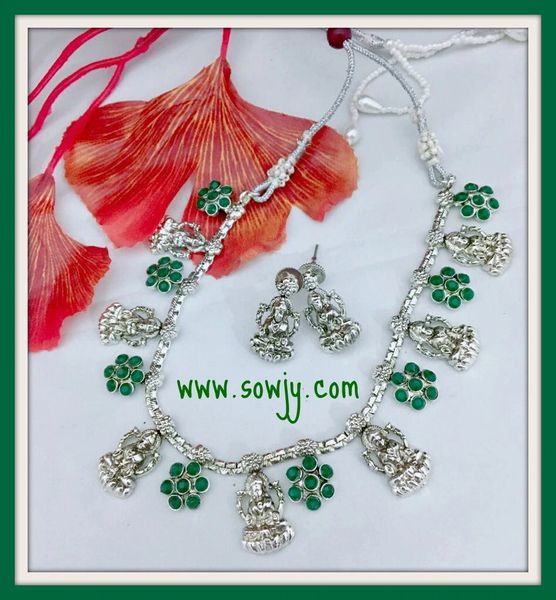 Antique Silver Plated Simple Lakshmi Necklace in Emerald Stones with Lakshmi Studs!!!!