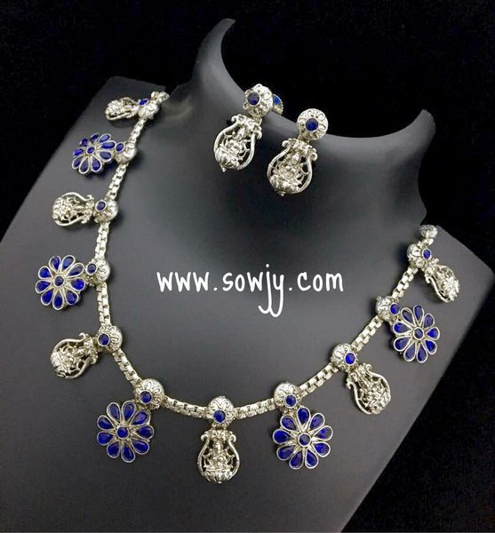 Silver Plated Floral Mahalakshmi SHort Necklace and Matching Earrings with Blue Stones!!!