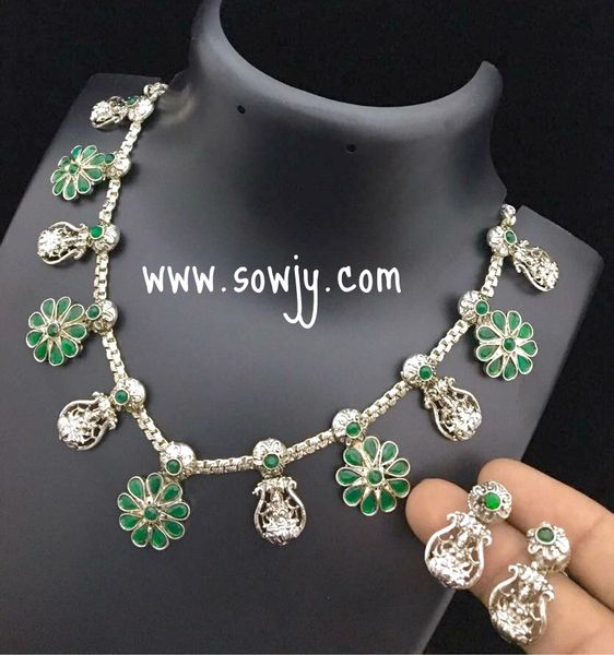 Silver Plated Floral Mahalakshmi SHort Necklace and Matching Earrings with Emerald Stones!!!