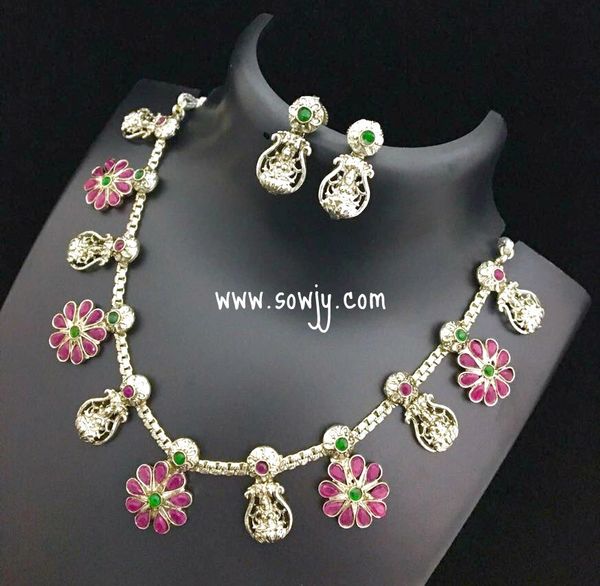 Silver Plated Floral Mahalakshmi SHort Necklace and Matching Earrings with Ruby and Emerald Stones!!!
