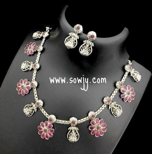 Silver Plated Floral Mahalakshmi SHort Necklace and Matching Earrings with Ruby Stones!!!
