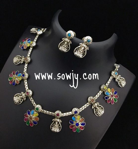 Silver Plated Floral Mahalakshmi SHort Necklace and Matching Earrings with Multi-ColorStones!!!