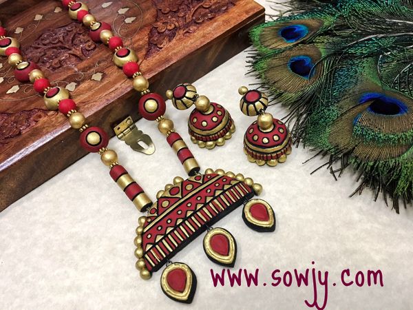Semi Circle Designer Terracotta necklace with large Jhumkas in Shades of Drak Red!!!!