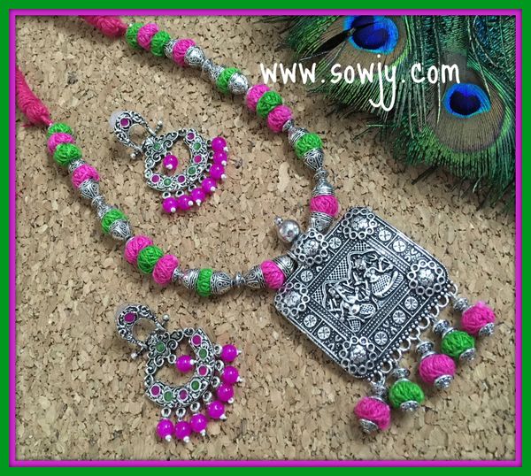Colorful Pink and Light Green Cotton Threaded Set with Matching Earrings!!!