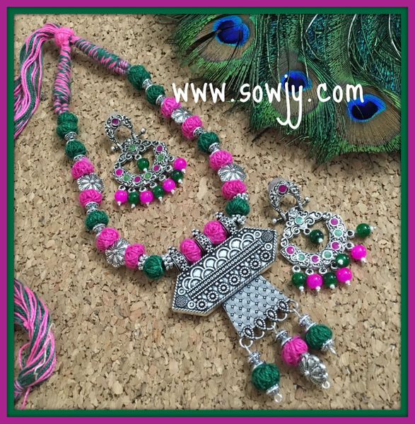 Trendy Designer Oxidised pendant Set with Matching earrings in Shades of Green and Pink!!!!