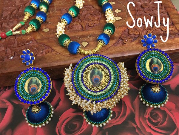 Grand Designer Peacock Silk Thread Jhumka Necklace with Light Weighted Big Peacock Jhumkas!!!!