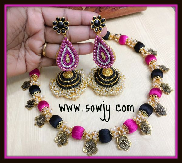 Grand Pink and Black pearl Ghungroo choker necklace with Party Wear Long Jhumkas!!!