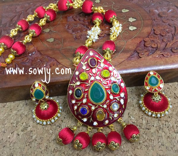 Tear Drop Navarathna Pendant with Silk Thread Beads and Silk Thread Jhumkas in Shades of red!!!!
