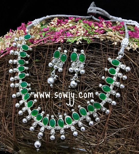 Trendy Silver Plated necklace with Emerald Stones and Matching Studs!!!!!!!!