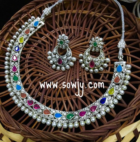 Trendy Tear Drop Shaped MultiColored Stones Silver Plated Necklace with Small Bali Earrings!!!