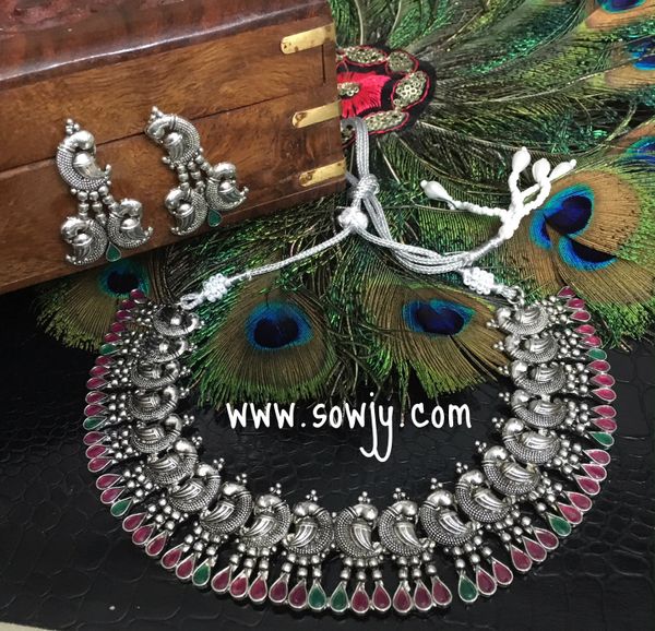 Lovely Grand Designer Silver Antique Plated Peacock Necklace with Ruby & Emerald Stones and Matching Earrings!!!!