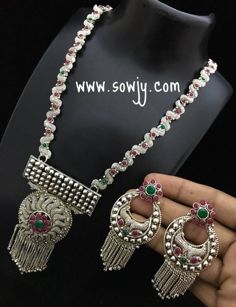 Antique Silver Plated Ruby and Emerald STone Designer Long Haaram with Big Sized Bali Earrings!!!!