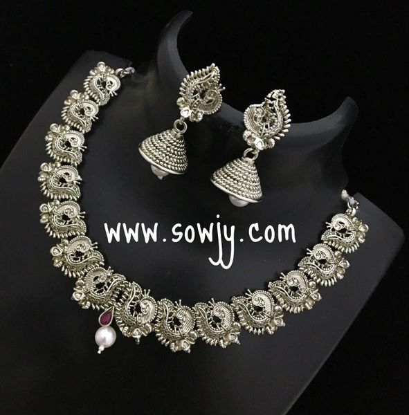 ANtique Silver Plated Peacock Necklace with Medium Jhumkas!!!