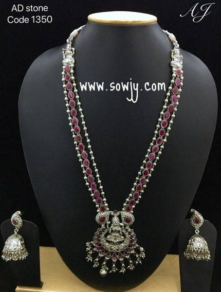 Three layered Ruby Stone SIlver Plated Lakshmi Haaram with large Sized Jhumkas!!!!