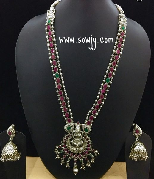 Three layered Ruby & emerald stone Stone SIlver Plated Lakshmi Haaram with large Sized Jhumkas!!!!