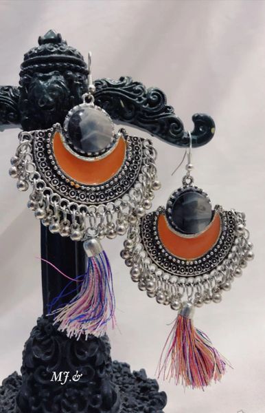 Trendy light weighted Orange color Afghan Oxidised Earrings with Tassels!!!!