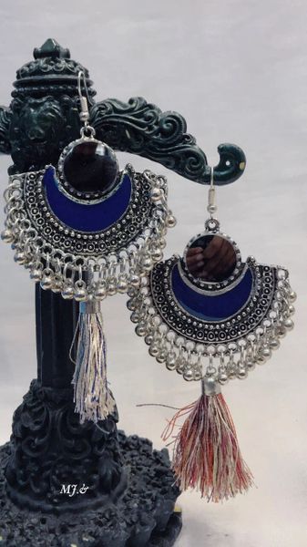 Trendy light weighted Dark Blue color Afghan Oxidised Earrings with Tassels!!!!