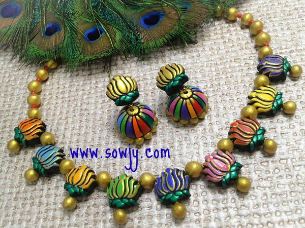 Lovely Multi-Color Lotus Terracotaa Necklace with Medium Sized Jhumkas!!!