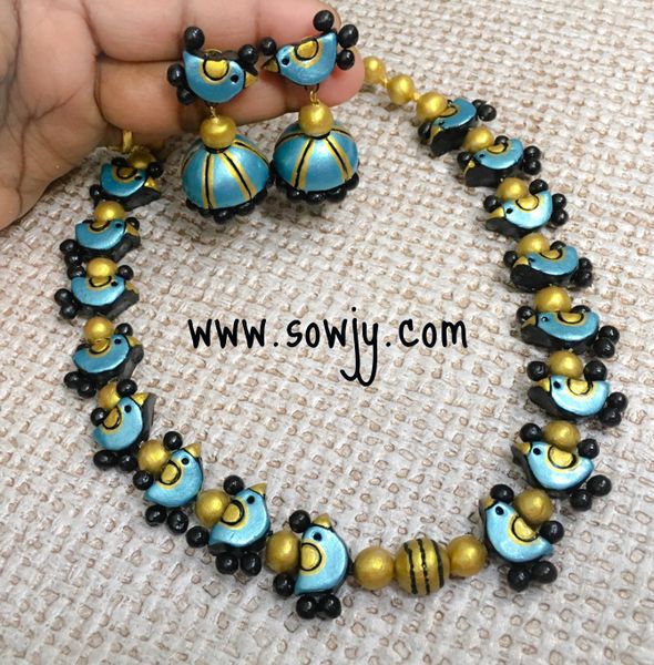 Lovely Terracotta Small Birds Necklace with medium sized jhumkas in shades of Metallic Sea Blue!!!
