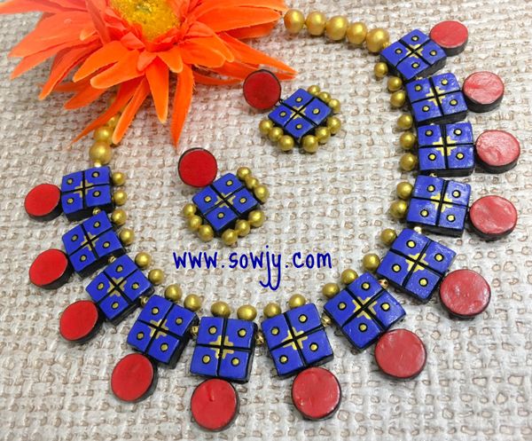 Grand Squared Terracotta choker necklace with earrings in shades of bright peacock Blue and Red!!!