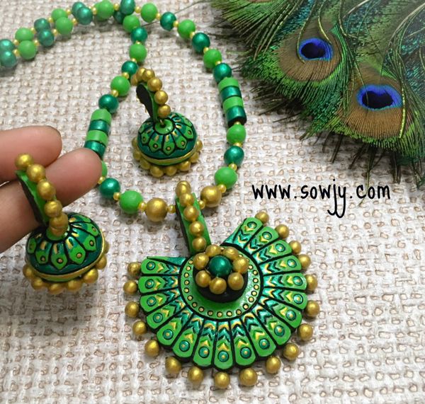 Very Grand Designer Terracotta Chakra Pendant with Large Sized jhumkas in Shades of Light and Dark Green!!!!
