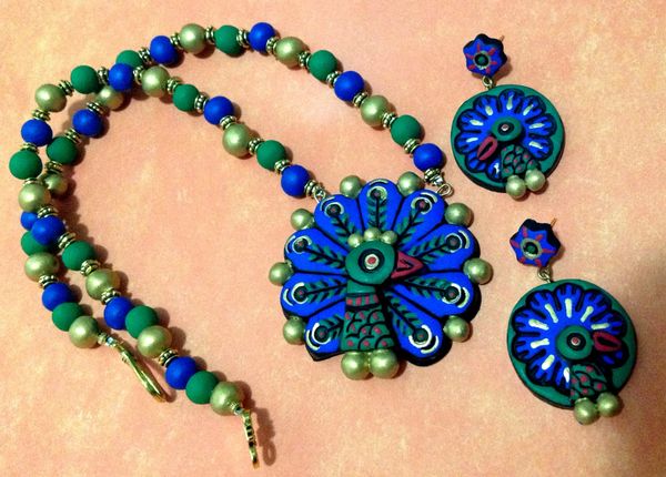 Peacock pendant set in Shades of Blue and Green with Jhumkas!!!!