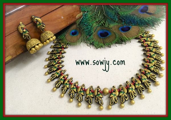 Lovely Handmade Peacock Terracotta Choker Set in Gold,Green and Red with medium Sized Jhumkas!!!!