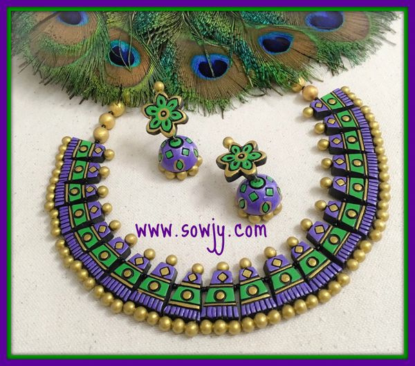 Lovely Handmade Triangular Beaded necklace with Large STudded medium sized Jhumkas in shades of purple and green!!!