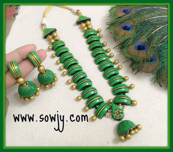 Handmade Semi-Circled Terracotta Haaram with Medium Sized Jhumkas in Shades of Green!!!!