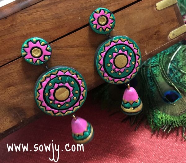 Trendy Long Light Weighted Terracotta Earrings in SHades of Dark Green and Pink!!!!