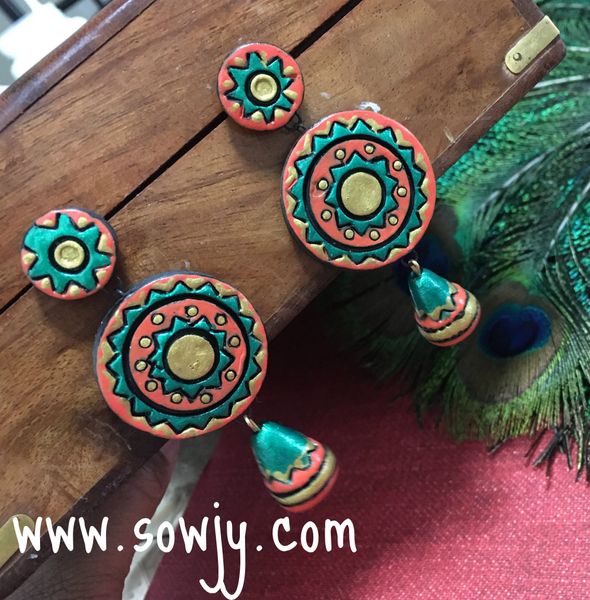 Trendy Long Light Weighted Terracotta Earrings in SHades of Dark Green and Orange !!!!