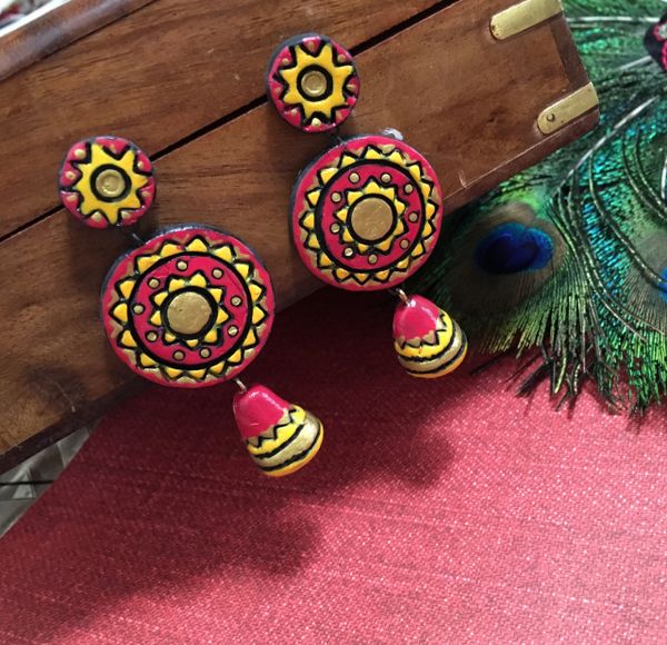 Trendy Long Light Weighted Terracotta Earrings in SHades of Red and Yellow !!!!