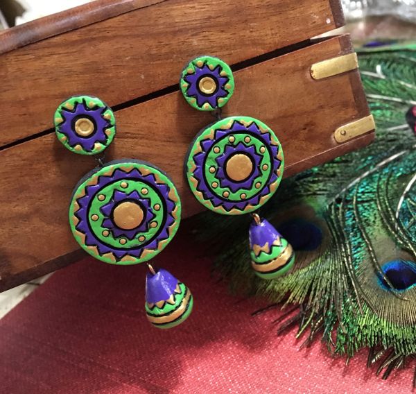 Trendy Long Light Weighted Terracotta Earrings in SHades of Purple and Light Green !!!!!!!