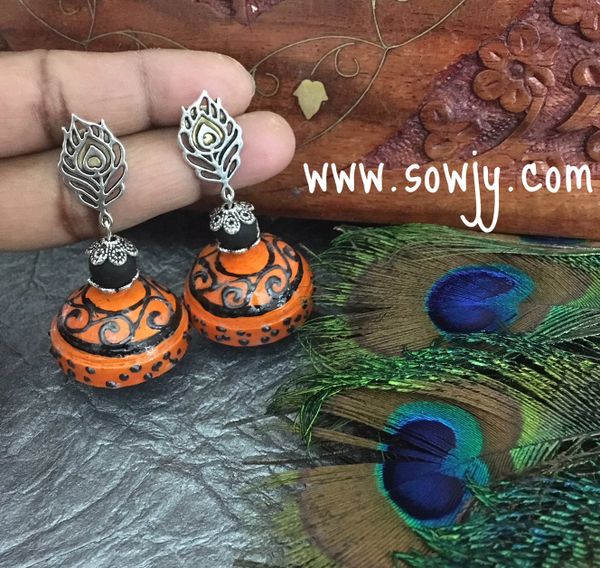 Lovely Peacock Feather Studed Long Jhumka in Orange and Black!!!!