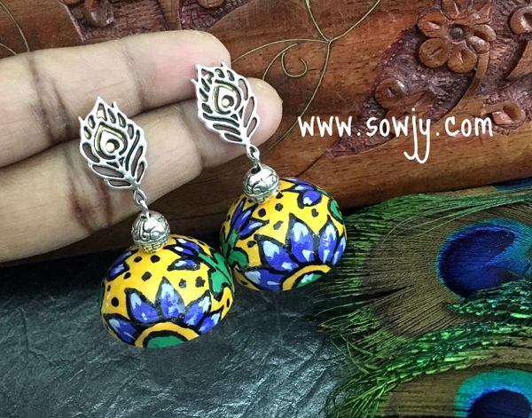 Lovely Peacock Feather Studed Long Jhumka in Yellow and Blue!!!!