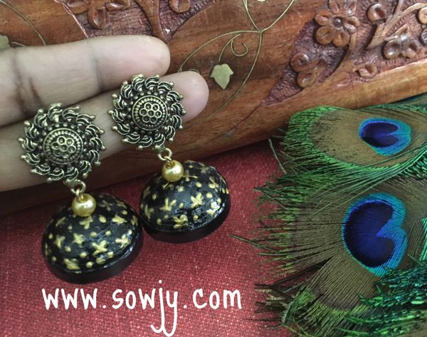 Lovely Black and Gold Light weighted Jhumkas with Floral Studs!!!