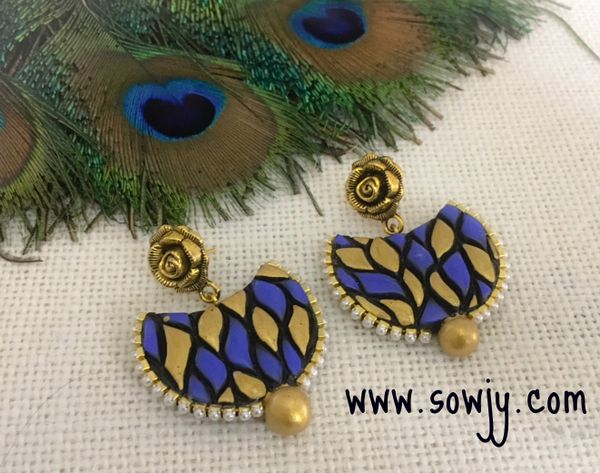 Trendy Half Moon Terracotta Earrings in Blue and Gold!!!!