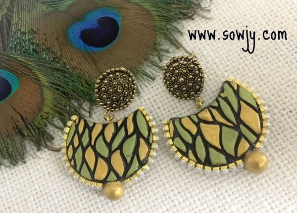 Trendy Half Moon Terracotta Earrings in Light Green and Gold!!!!