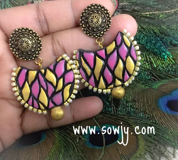 Trendy Half Moon Terracotta Earrings in Pink and Gold!!!!