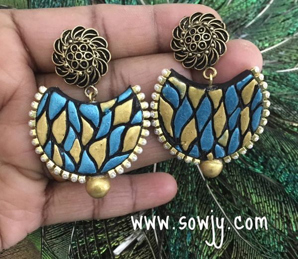 Trendy Half Moon Terracotta Earrings in Metallic Blue and Gold!!!!