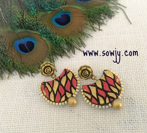 Trendy Half Moon Terracotta Earrings in Red and Gold!!!!