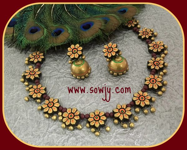 Lovely Grand Antique Golden Floral Terracotta necklace with Medium Sized Jhumkas!!!