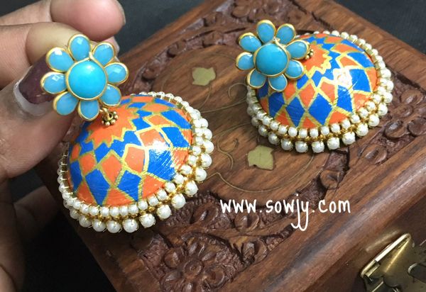 Lovely Light weighted Paper Quilled Jhumkas In Orange and Blue- Large Sized Jhumkas!!!