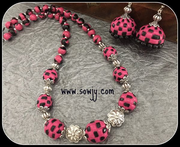 Hand Craved Beaded Clay Necklace with Large Sized Jhumkas in Shades of Pink and Black!!!!