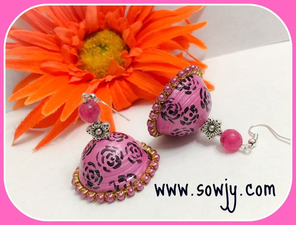 Pink Jhumkas with Black Roses- medium Sized!!!!